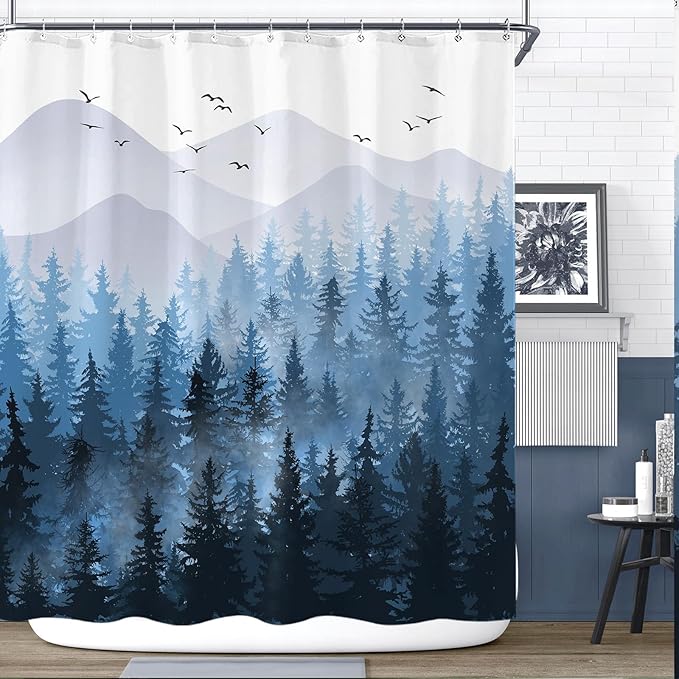 Accnicc Blue Misty Forest Shower Curtain Set Ombre Navy Blue Mountain Pine Tree Waterproof Fabric Shower Curtains for Bathroom Nature Woodland Decorative Modern Bath Curtain Decor 72×72 Inches