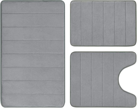 BYSURE Grey Memory Foam Bathroom Rug Set 3 Piece, Non Slip Extra Soft Absorbent Bath Mats, Machine Washable & Dry Toilet Mat Sets for Bathroom Floor