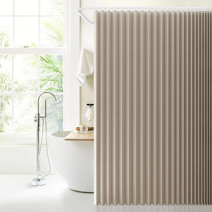 Jubilantex Folding Linen Shower Curtain for Bathroom Khaki Waterproof Shower Curtain 1 Panel with 14 Metal Grommets and 1 Tie Back for Hotel,70"x70"