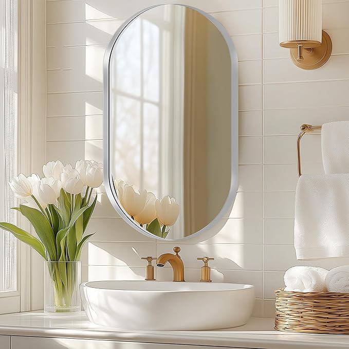 SogesHome Medicine Cabinet with 24x36 Oval Mirror, Wall Mount Bathroom Vanity with Storage, 2 Shelves, Perfect for Bathroom, Silver