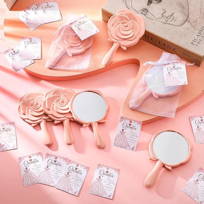 Sintuff 50 Sets Quinceañera Party Favors for Guests, 50 Pack Rose Compact Mirrors Bulk with Thank You Cards & Organza Bags, Souvenirs for Girls