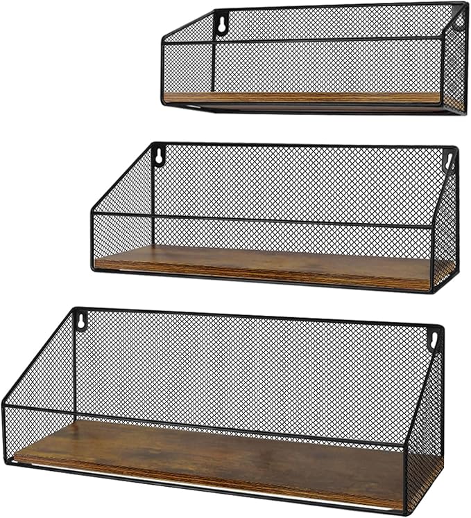 Schliersee Floating Shelves Wall Mounted Mesh Storage Shelf Set for Bathroom, Bedroom, Kitchen, Living Room, Office, 3 Packs