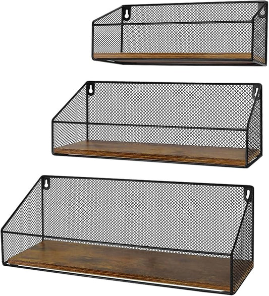 Schliersee Floating Shelves Wall Mounted Mesh Storage Shelf Set for Bathroom, Bedroom, Kitchen, Living Room, Office, 3 Packs
