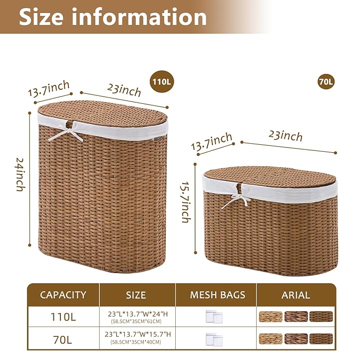 Laundry Hamper with Lid, 70L Handwoven Rattan Clothes Hamper with Removable Liner Bags, 2 Section Wicker Laundry Basket for Bedroom, Laundry Room and Bathroom(Rattan, 70L)