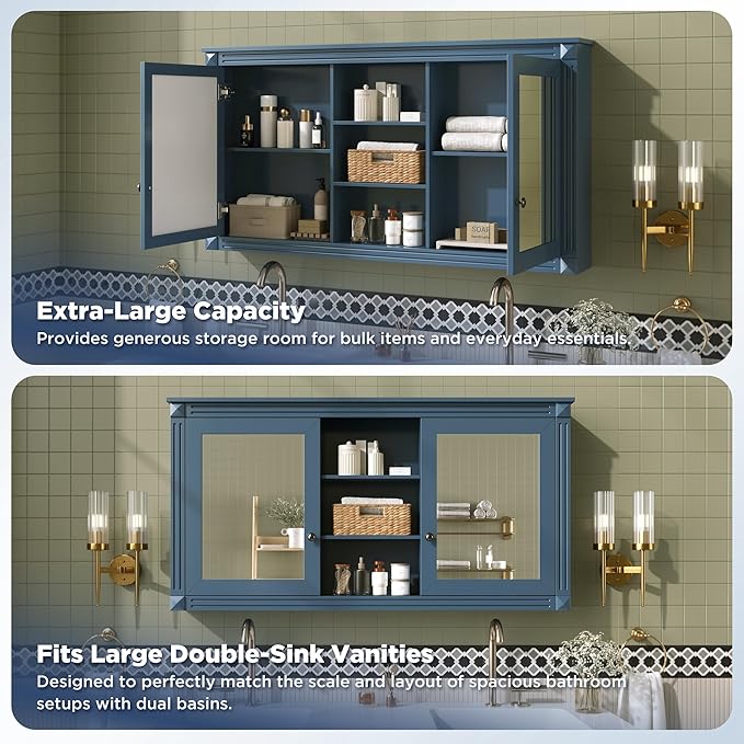 Merax Bathroom Medicine Cabinet with Mirror Door & Adjustable Shelf, 55" x 28" Wall Mounted Bathroom Storage Cabinet with Mirror, Over The Toilet