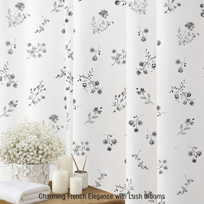 Black Floral Farmhouse Vintage Cotton Shower Curtain, French Country Shower Curtains for Bathroom, 72Wx72H