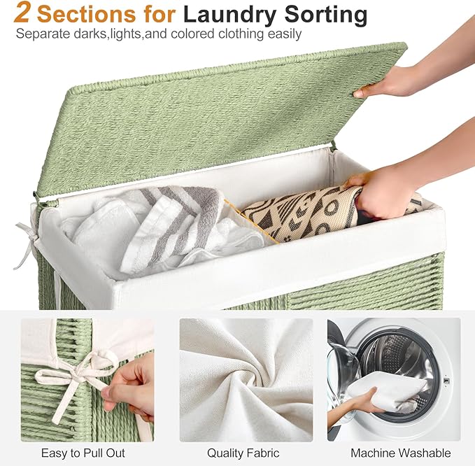 WOWLIVE Double Laundry Hamper with Lid, Handwoven Rolling Laundry Basket with Wheels, 115L Dirty Clothes Hamper with Removable Liner Bag Large Capacity Laundry Sorter Laundry Room Organization,Green