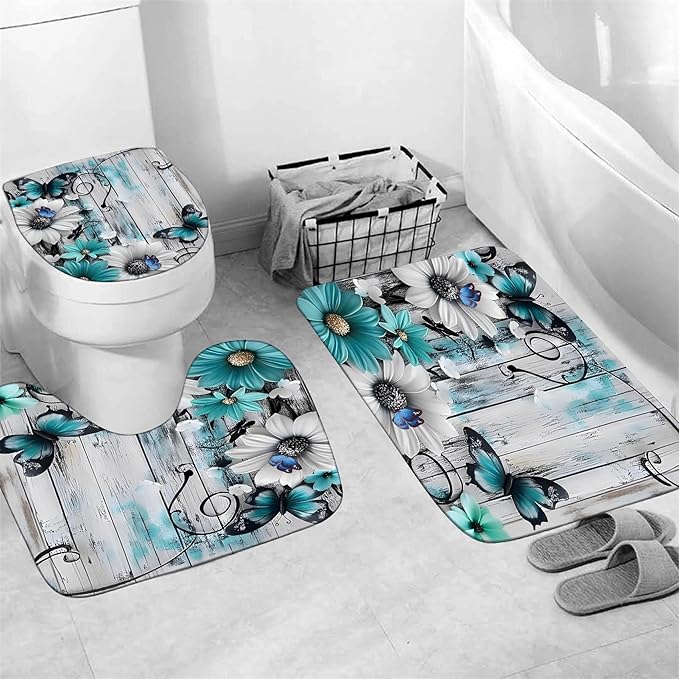 AZHM Relief Daisies and Butterflies Shower Curtain Set 4pcs Rustic Farmhouse Bathroom Decor Set with Shower Curtain and Rugs and Accessories