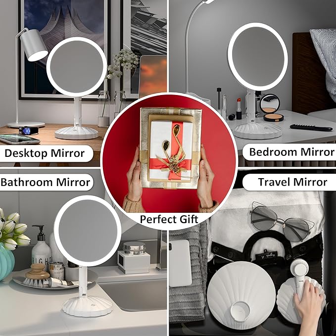 Portable Travel Vanity Mirror with Lights,Interchangeable Mirror Design,15X Magnifying Mirror,Stepless Adjustable Lighted Makeup Mirror,3 Color Modes,Desk or Travel Use