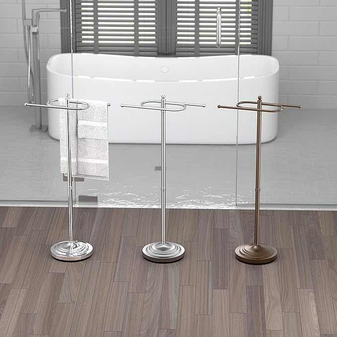 Gatco 1508, Modern Round Base Floor Standing S Style Towel Holder, Bronze / 38" H Freestanding Hand Bath Towel Stand for Bathroom