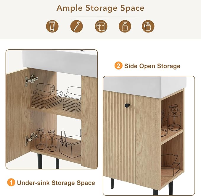 Virubi 21.6 in Small Bathroom Vanity with Sink,Doors and Storage Shelves,Wood Modern Single Fluted Bathroom Sink Cabinet Freestanding (Natural Wood,Right Shelf)