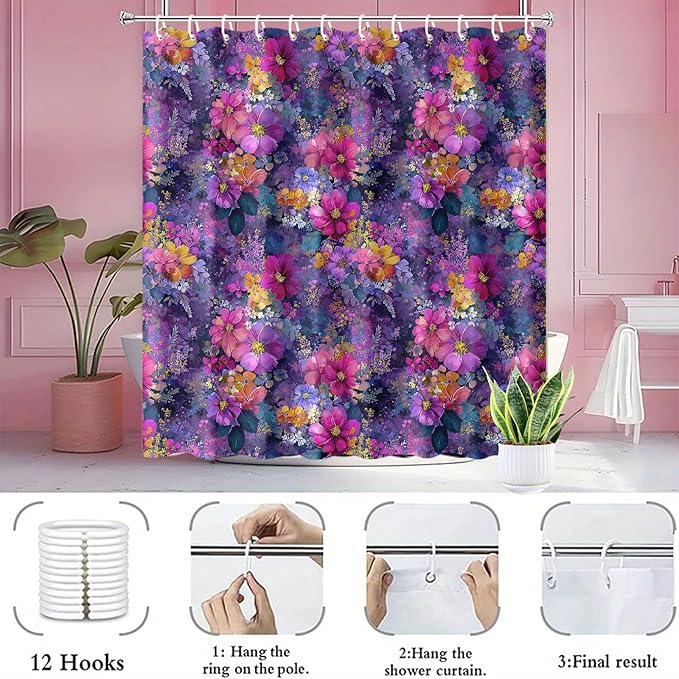 Floral Shower Curtain 72x72 Inch Fabric Bathroom Curtain Purple Flower Print for Boho Bathroom Decor