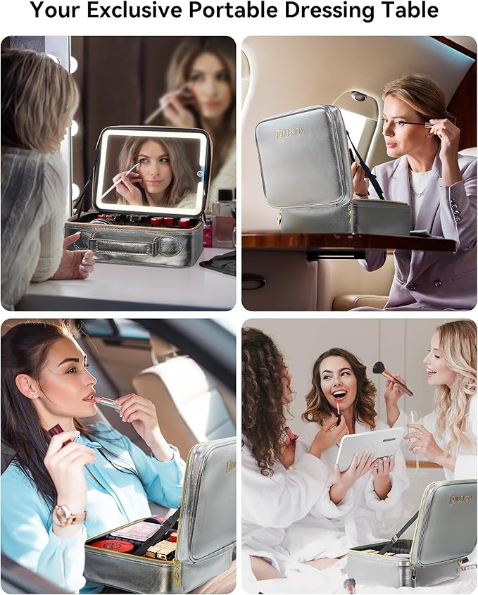 JUSRON Travel Makeup Bag With LED Mirror, Cosmetic Train Case with Light up Mirror, Portable Makeup Artist Organizer Bag with Adjustable Dividers, Makeup Brush Holder Storage (Sliver, Large)