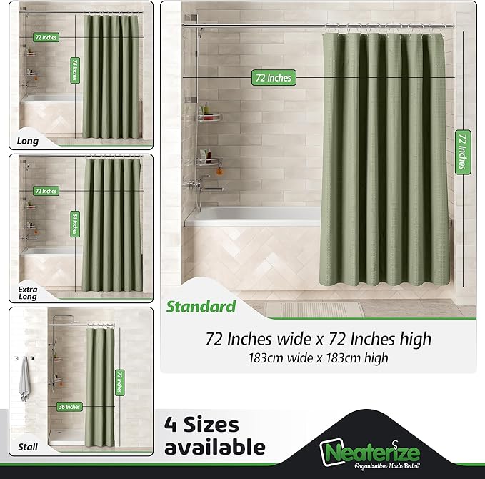 NEATERIZE Sage Green Shower Curtain for Bathroom - Waffle Shower Curtain Hotel Style - 72x72 Inch Bathroom Curtain - Cortinas De Baño