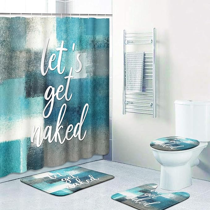 ArtSocket 4PC Let's Get Naked Turquoise Teal Painting Art Modern Abstract Shower Curtain Sets Bathroom Decor with Rugs, Non-Slip Rug,Toilet Lid Cover, Bath Mat and 12 Hooks 72x72 inches