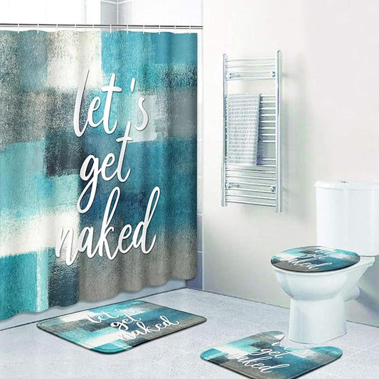 ArtSocket 4PC Let's Get Naked Turquoise Teal Painting Art Modern Abstract Shower Curtain Sets Bathroom Decor with Rugs, Non-Slip Rug,Toilet Lid Cover, Bath Mat and 12 Hooks 72x72 inches