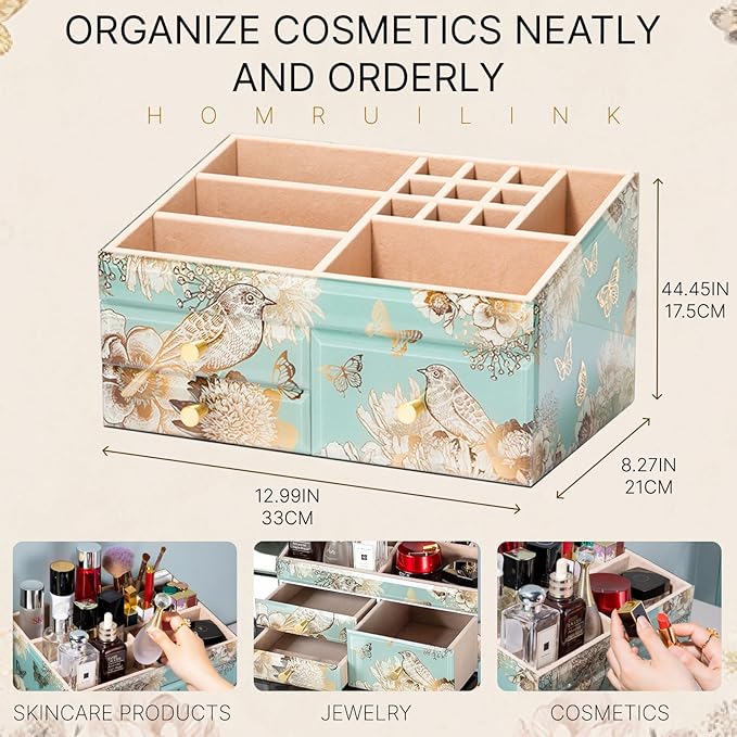 Glass Makeup Organizer for Vanity - Vanity Case with Drawers & Velvet Lining, Countertop Organizer for Lipstick, Brushes, Skincare, Perfume - Valentine's Day Gifts for Women