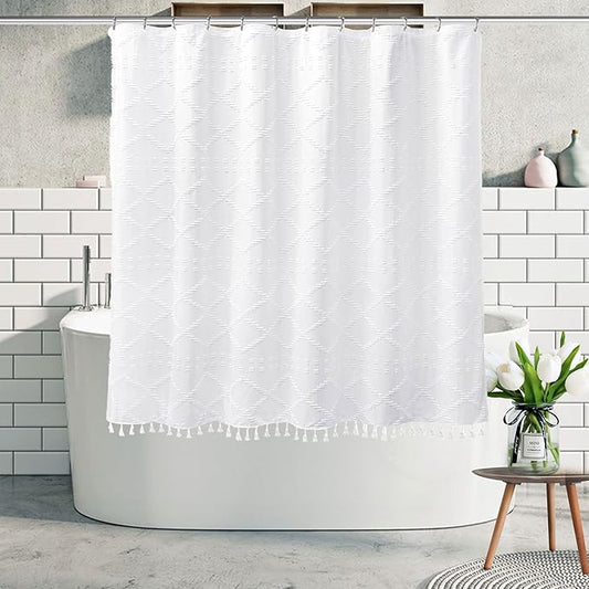 Boho White Woven Fabric Short Shower Curtain with Tassels 72 x 66 Modern Farmhouse Minimalist Tufted Chevron Striped Shabby Chic Textured, Water Resistant Curtain for Bathroom, Hotel Decor