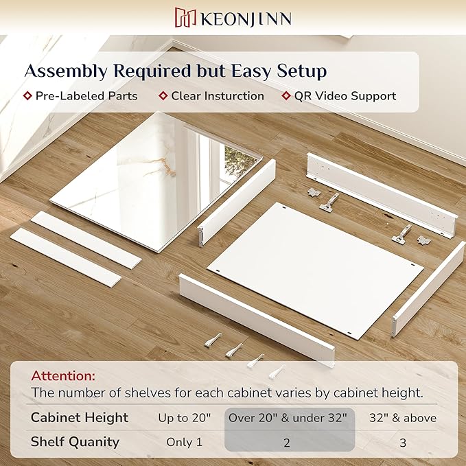 Keonjinn 48 x 26 Inch Medicine Cabinet, Assembly Required, White Bathroom Medicine Cabinets Mirror, Lightweight, Adjustable Shelves, Surface Mount or Recessed, Tempered Glass