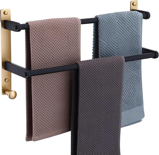 18 Inch Stainless Steel Towel Rack with Hooks - 2-Tiers Ladder Towel Hanger, Double Bar Wall Mounted for Bathroom, Black & Gold