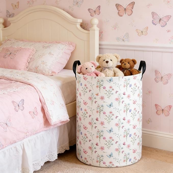 Laundry Hamper Baby Nursery Hamper Waterproof Foldable Kids Laundry Basket Kids Dirty Clothes Hampers Girl Room Decor for Home Gift Baskets(Pink Flower)
