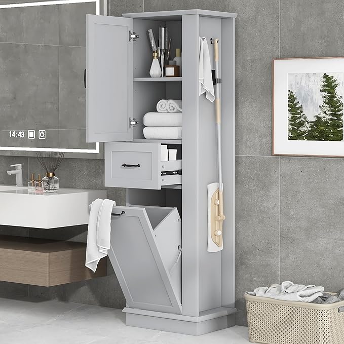 Virubi Tall Laundry Cabinet with Tilt Out Hamper, Wood Bathroom Storage Cabinet with Door, Drawer and Adjustable Shelves Freestanding, Grey