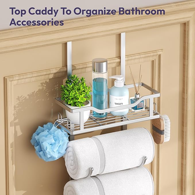 SWTYMIKI Over The Door Towel Rack - 9 Tier Towel Racks for Bathroom Wall Mounted, Towel Holder with Shelf, Hanging Rolled Towel Storage Organizer for Small Bathroom, Camper, RV, Sliver