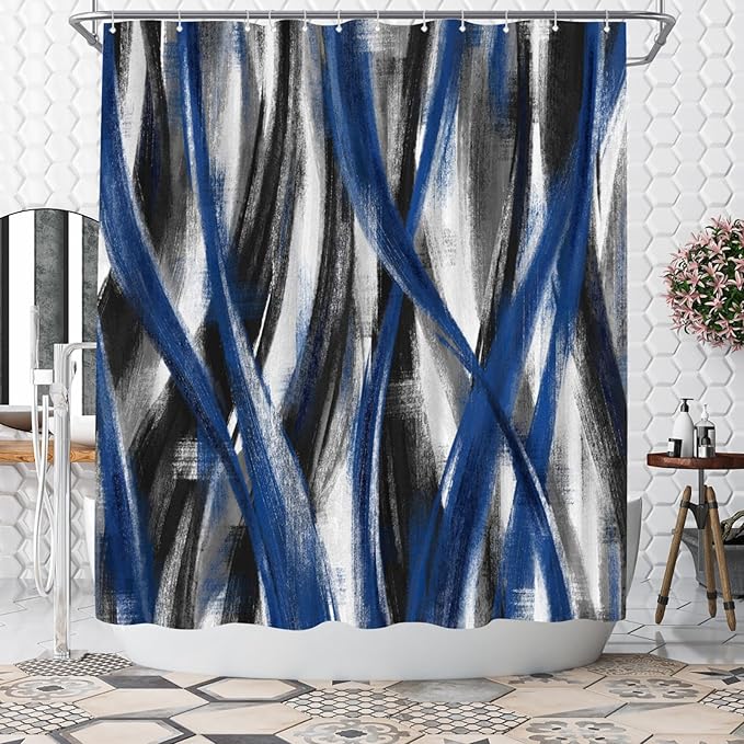 WELMECO Geometric Shower Curtain Modern Abstract Shower Curtain Bathroom Decor Polyester Fabric, 72x72inch (Blue and Grey)
