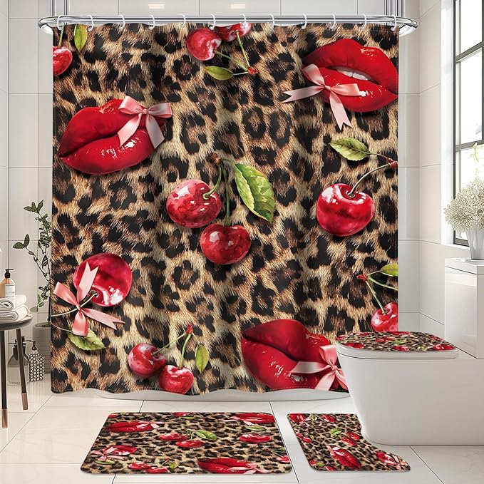 LIGHTINHOME 4 PCS Lip Cherry Leopard Shower Curtain Set 72Wx72H,Toilet Lid Cover,Non-Slip Rugs and U-Shaped Mat,Retro Cheetah Bathroom Sets with Rugs Shower Accessories 12 Hooks for Bathroom Decor
