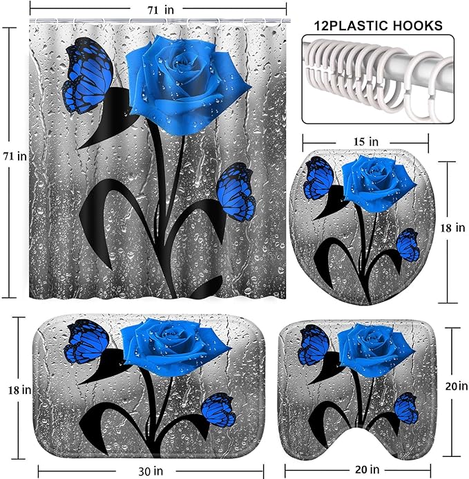 Poedist 4 Pcs Bathroom Shower Curtain Set,Blue Rose Bathroom Set, Shower Curtain Sets with Rugs(Bath Mat,U Shape and Toilet Lid Cover Mat) and 12 Hooks