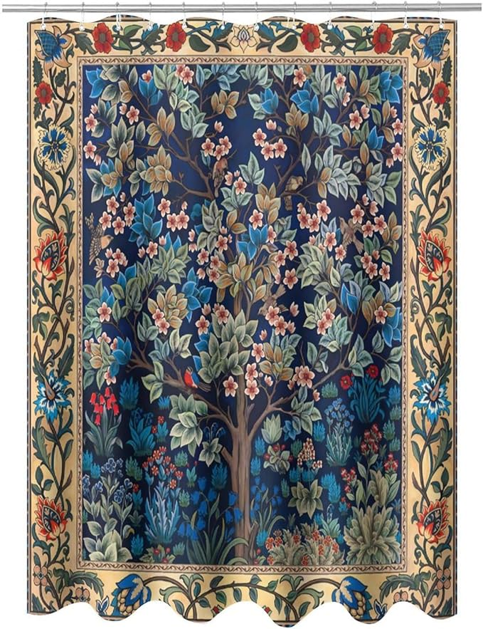 Boho Shower Curtains William Morris Art Retro Design Flower Trees Pattern Printed Shower Curtains 66""×72"" Inch, Style