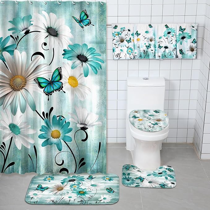 FuWeave 8 Pcs Rustic Farmhouse Shower Curtain Sets for Bathroom Daisy Floral and Butterfly Shower Curtain Sets with Rugs, Flowers Towels, Non-Slip Rug, Toilet Lid Cover, Bath Mat and 12 Hooks(Teal)