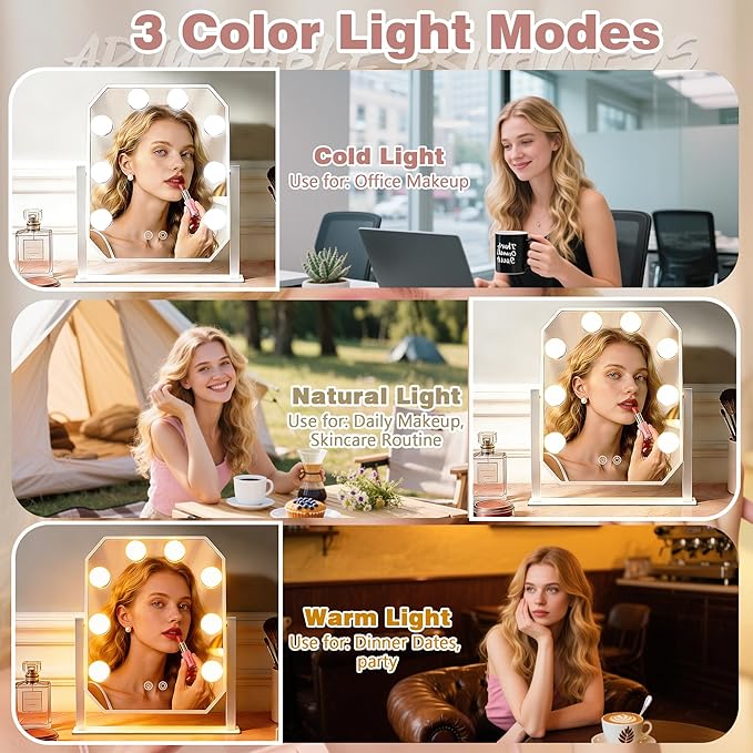 Vanity Mirror with Lights - 11.8"x9.8" Hollywood Makeup Mirror with Dimmable LED Bulbs, 3 Color Modes, Smart Touch Control, Desktop Mirror for Bedroom Dressing Table, Gift for Women Girls (White)