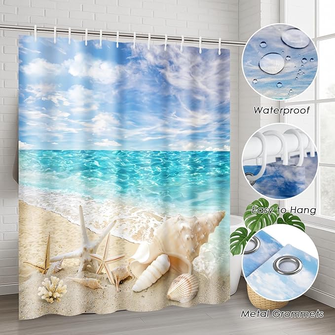 Britimes 4 Piece Shower Curtain Sets, with 12 Hooks, Ocean Starfish Seashells with Non-Slip Rugs, Toilet Lid Cover and Bath Mat for Bathroom Decor Set, 72" x 72"