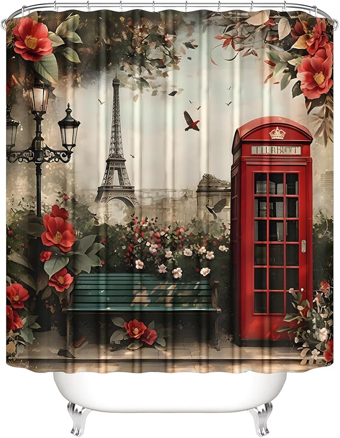 Chrainy 4Pcs Paris Eiffel Tower Shower Curtain Sets Telephone Booth Red Flowers Bathroom Set Decor with Non-Slip Rugs Bath U-Shaped Mat Toilet Lid Cover Floral Curtains Shower Set with 12 Hooks