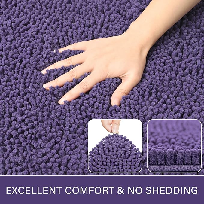 LOCHAS Luxury Bathroom Rug Shaggy Bath Mat 24 x 36 Inch, Washable Non Slip Bath Rugs for Bathroom Shower, Soft Plush Chenille Absorbent Carpets Mats, Dark Purple
