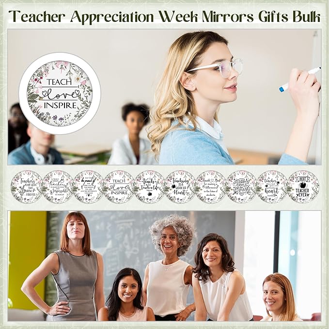 Geelin 20 Pcs Teacher Appreciation Gifts Bulk Mini Compact Makeup Mirrors Gift for Teacher Appreciation Week Graduation Team Group(Wildflowers Bottom)