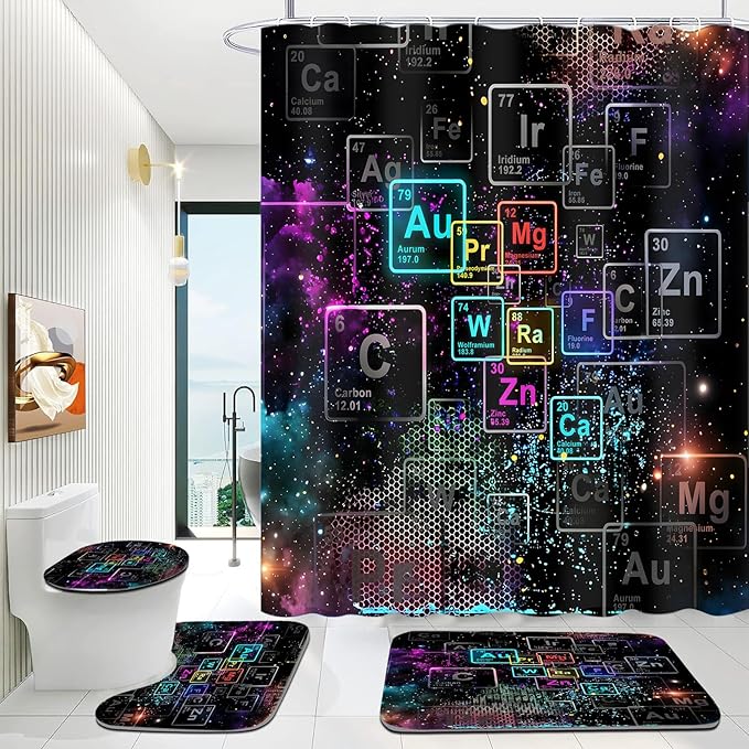 Yizheer 4Pcs Black Starry Sky Grid Bathroom Shower Curtain Set with 12 Hooks Bath Mat Toilet Cover U Shaped Mat- PEVA Material, 72x72 Inches, Bathroom Curtain for Bathtub (Elements)