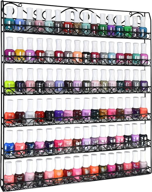 AMT 6 TIER Metal Nail Polish Racks, Fit Up To 108 BOTTLES, Black Wall Mounted, Display for The Wall, Young Living Essential Oils Organizer for Home Salon Business Spa (108 Bottles)