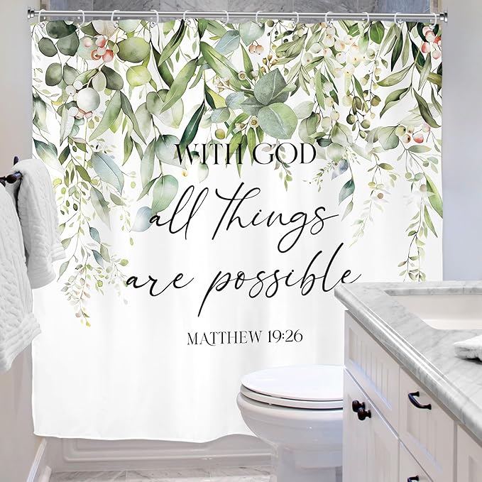Riyidecor Sage Green Eucalyptus Leaves Shower Curtain for Bathroom Decor 72Wx72H Bible Verse Quotes Spring Floral Botanical Watercolor Art Printed Fabric Polyester Waterproof 12 Pack Metal Hooks