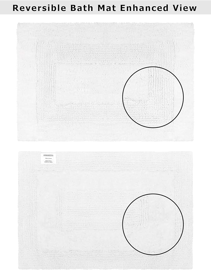 Cotton Craft 2 Piece Reversible Step Out Bath Mat Rug Set 17x24 White, 100% Pure Cotton, Super Soft, Plush & Absorbent, Hand Tufted Heavy Weight Construction, Full Reversible, Rug Pad Recommended