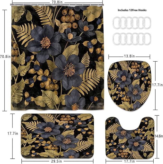 FZDHHY 4Pcs Black and Blue Shower Curtain Set, Morden Bathroom Sets, Vintage Flower Bathroom Sets with Shower Curtain and Rugs, Shower Curtain with 12 Hooks