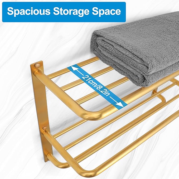 Towel Rack for Bathroom, DEWVIE 23 Inch Tower Holder with Tower Bars, SUS 304 Stainless Steel Lavatory Bath Towel Shelf Towel Hanger Wall Mount, 3-Tier (Brushed Gold)