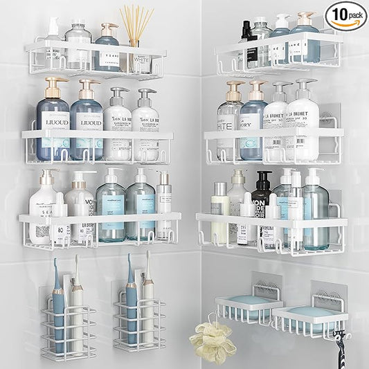 Liuoud 10 Pack Shower Caddy Organizer Rack Shelf for Inside Shower, Self Adhesive Wall Storage Basket Rustproof Stainless Steel Shampoo Holder Bathroom Accessory Decor Set, White