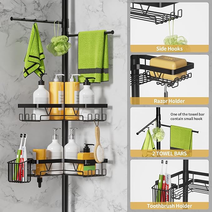 DAOYA Tension Rod Shower Caddy Corner - Tension Pole Shower Caddy with 2 Towel Bars & Toothbrush Holder, Black Bathtub Organizers and Storage Corner Stainless Steel(Tall 25 to 114.2 Inches)