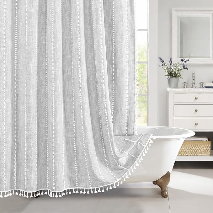 MitoVilla Boho Extra Long Shower Curtain 72 x 96, LightGrey Modern Farmhouse 96 inch XL Polyester Linen Texture Tassel Fabric Shower Curtain Set with Hooks for Cottagecore Country Bathroom Decor