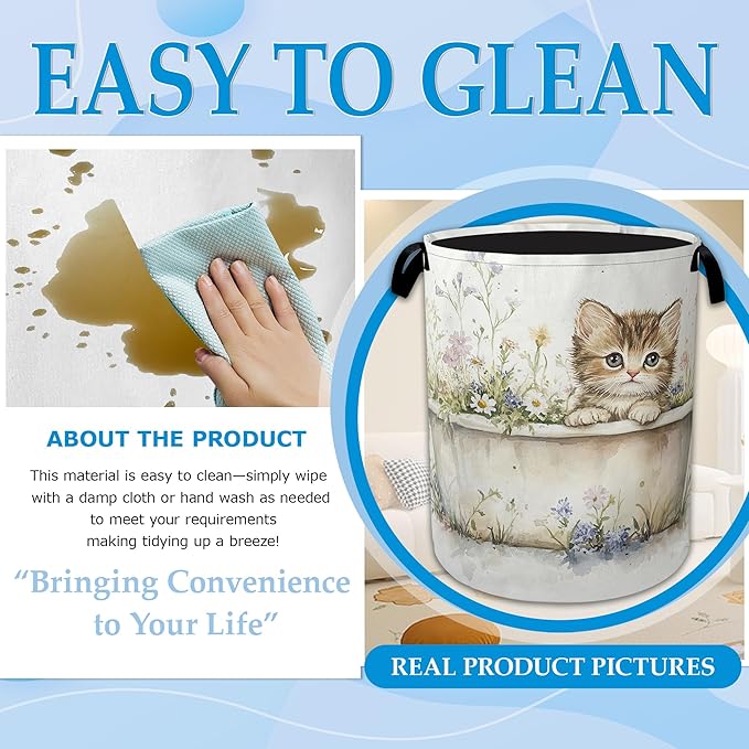 Cute Cat Laundry Hamper Bathtub Flowers Laundry Basket Collapsible Portable Clothes Toy Storage Bin for Bathroom Bedroom Room Decor 16 X 20.8 Inch