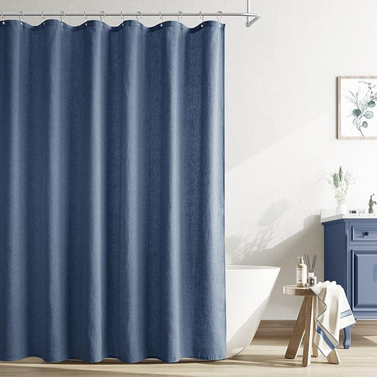Naturoom Vintage Blue Linen Shower Curtain, Country Boho Farmhouse Bath Decor Shower Curtains Neutral Cloth Weighted Textured Fabric Bath Curtain Liner with Hooks, 72x78