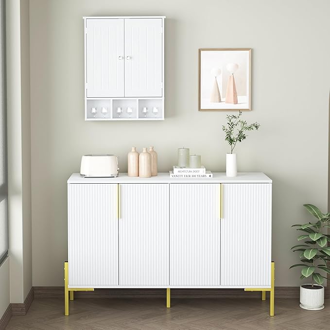 Bathroom Medicine Cabinet 2 Doors with 3 Open Shelves, Over The Toilet Storage Wall Mounted Medicine Cabinet with Adjustable Partitions，Home Cabinet for Bathroom,Living Room,Kitchen,White