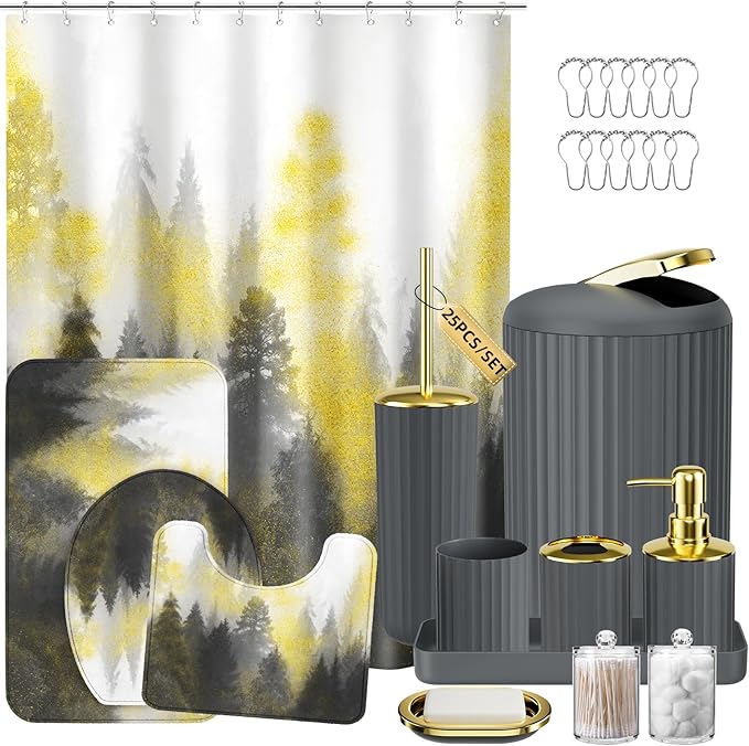 Gray and Gold Bathroom Accessories, Bathroom Sets with Shower Curtain and Rugs, Bath Rugs Accessory Set with Bathroom Trash Can, Soap Dispenser, Soap Dish for Home Decor